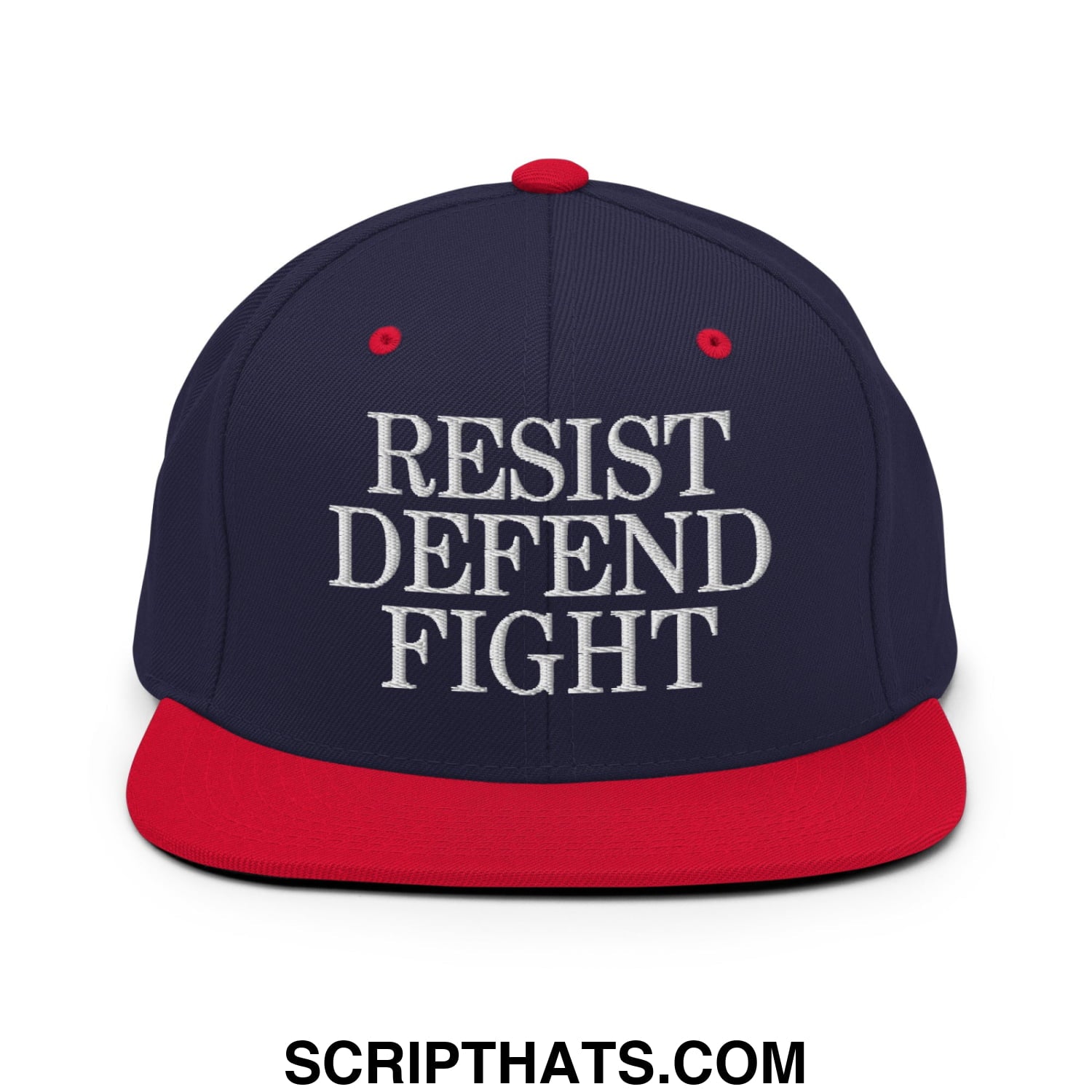 Navy blue and red snapback hat with white resist defend fight embroidered text and flat bill brim design