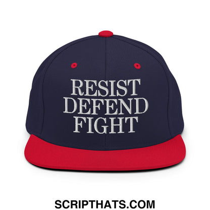 Navy blue and red snapback hat with white resist defend fight embroidered text and flat bill brim design