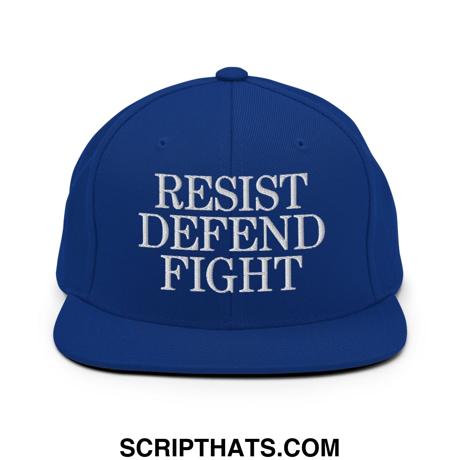 Royal blue snapback hat with white embroidered resist defend fight text and flat bill brim design