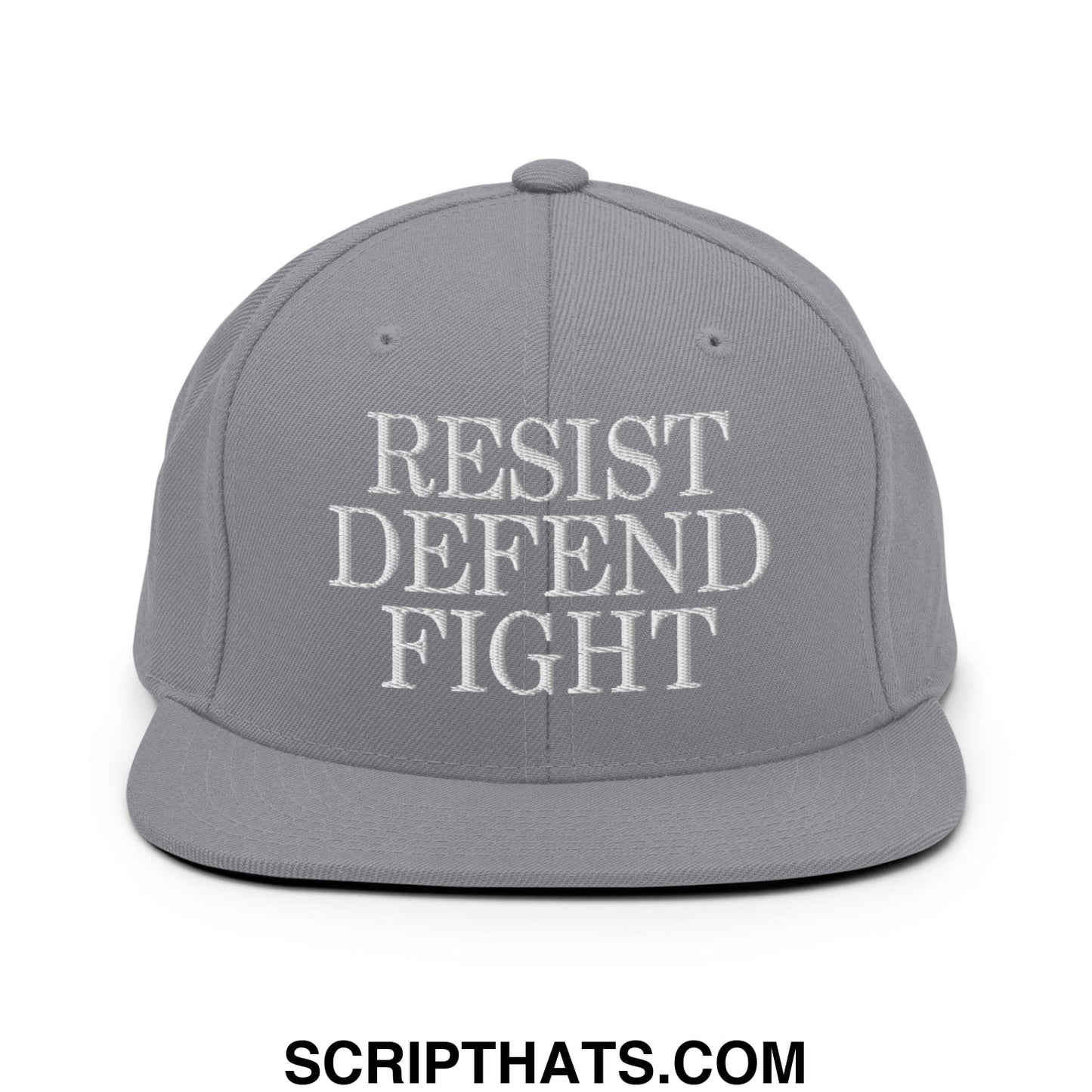 Gray snapback hat with white embroidered resist defend fight text and flat bill brim for casual wear