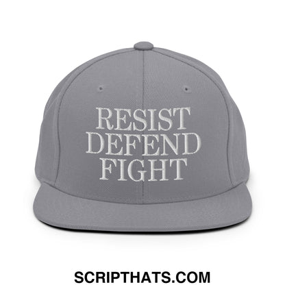 Gray snapback hat with white embroidered resist defend fight text and flat bill brim for casual wear
