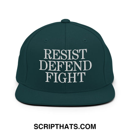 Dark green snapback hat with white embroidered resist defend fight text and flat bill brim design