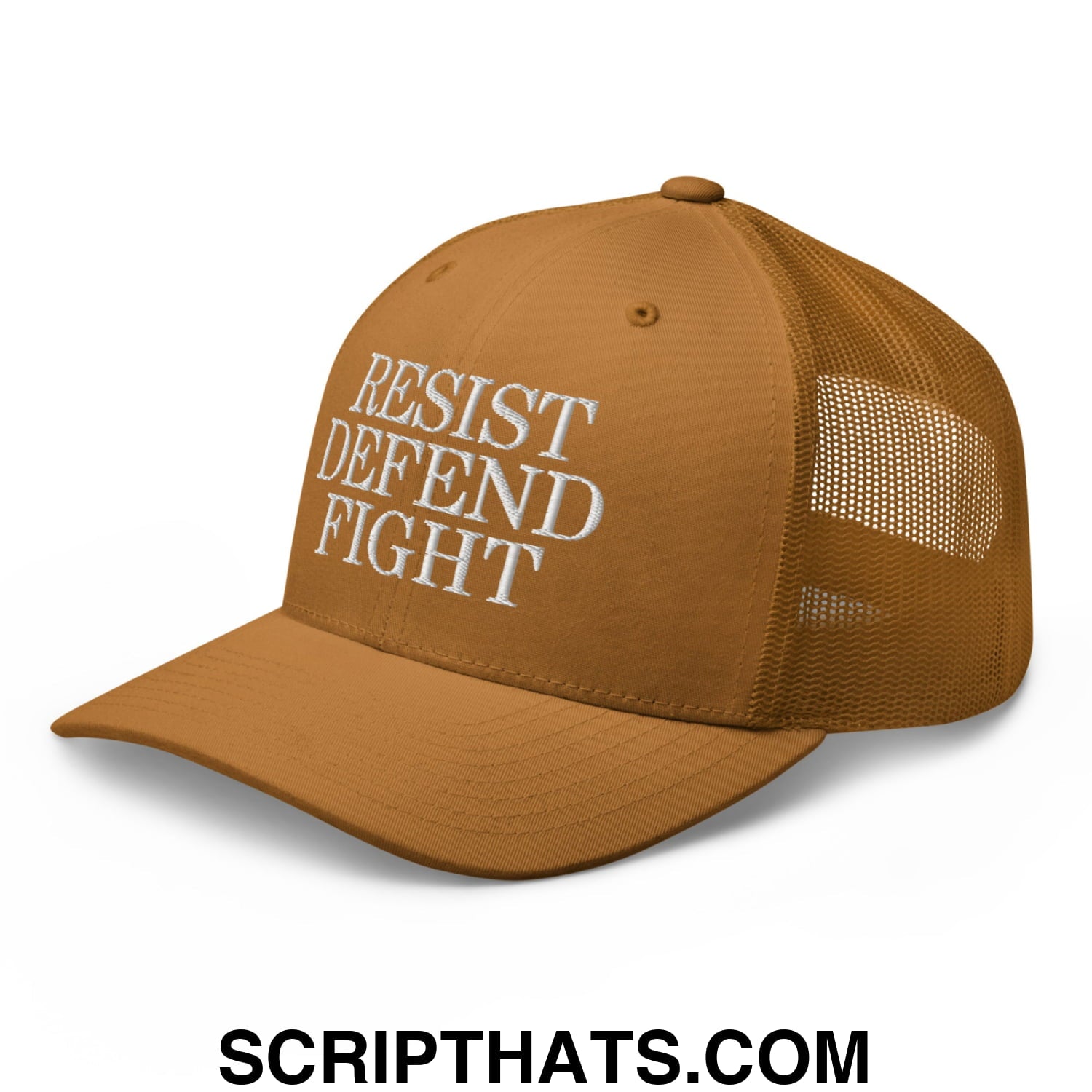 Resist Defend Fight Embroidered Mesh Trucker Hat Caramel