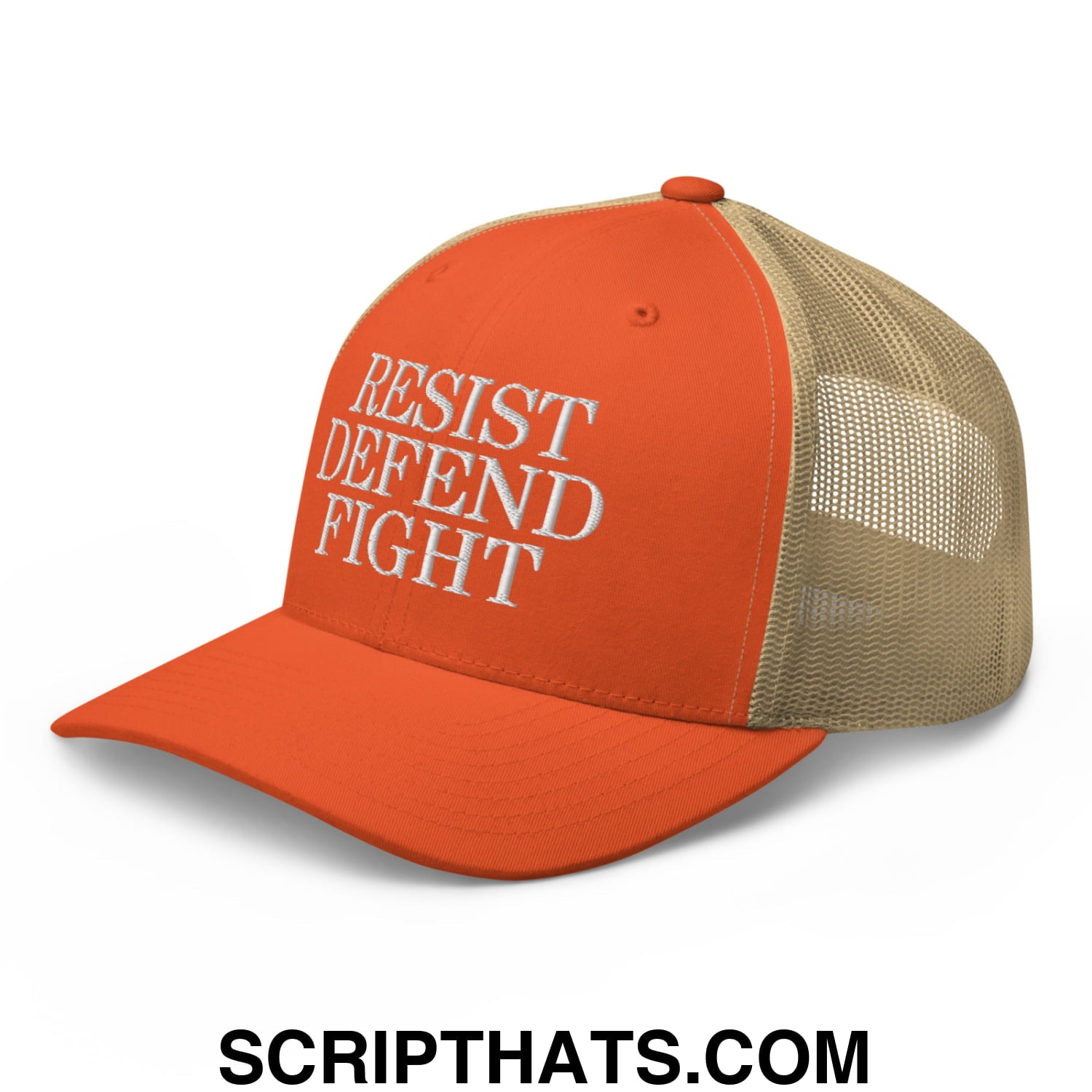 Resist Defend Fight Embroidered Mesh Trucker Hat Rustic Orange Khaki