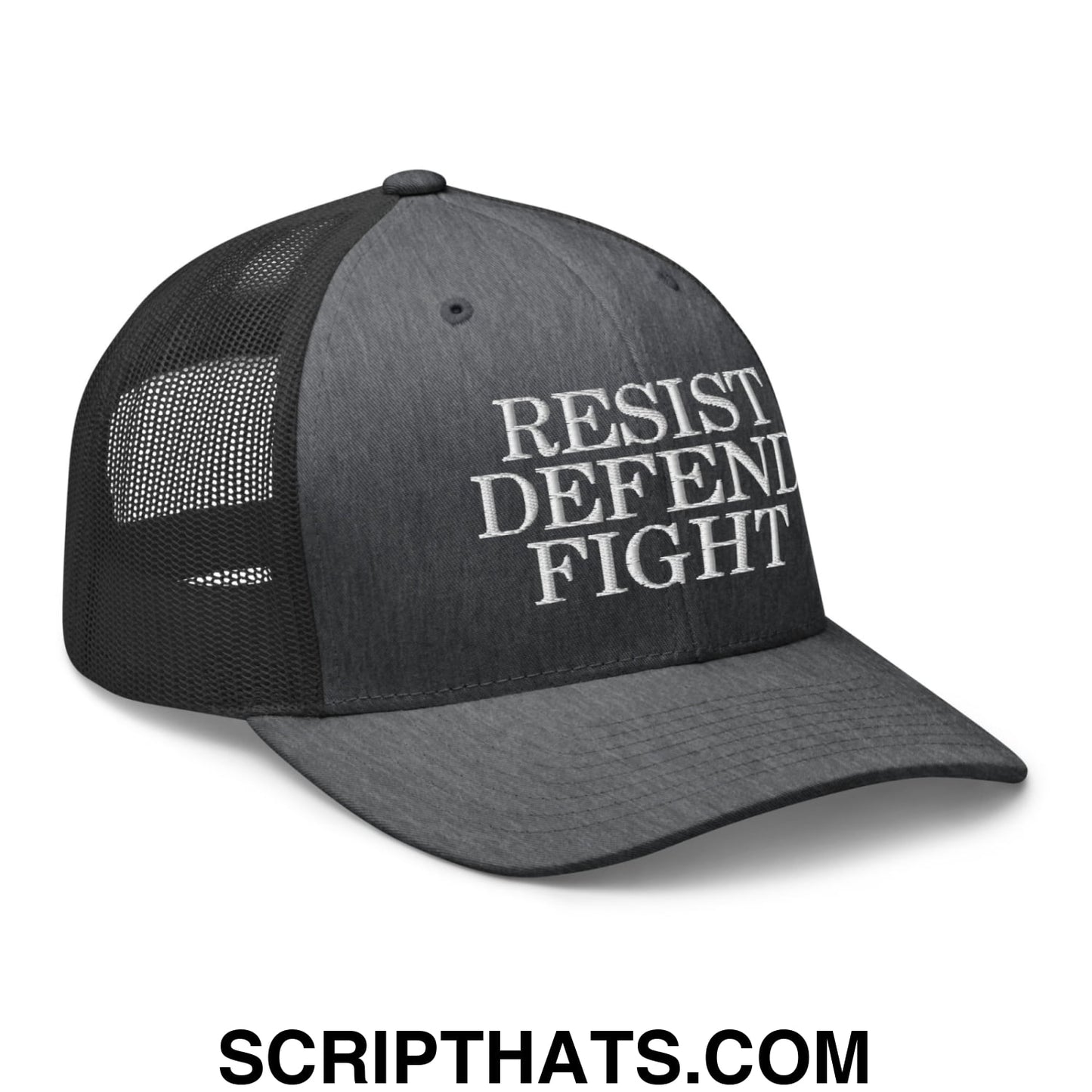 Resist Defend Fight Embroidered Mesh Trucker Hat Dark Heather Gray