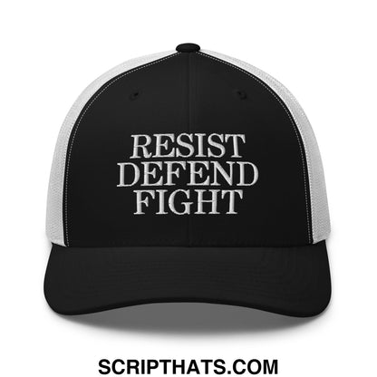 Black and white mesh trucker hat with embroidered resist defend fight in bold raised lettering on the front