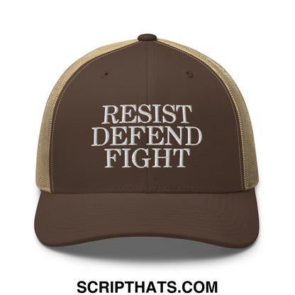 Brown and tan mesh trucker hat with white embroidered text resist defend fight on front panel