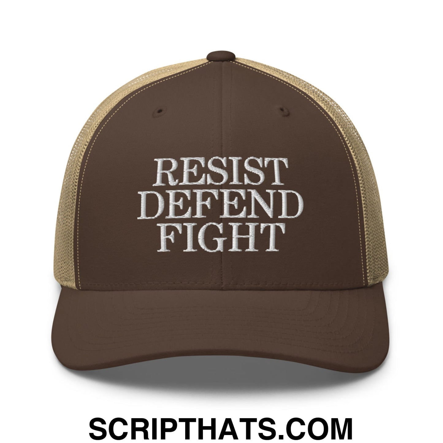 Resist Defend Fight Embroidered Mesh Trucker Hat Brown Khaki