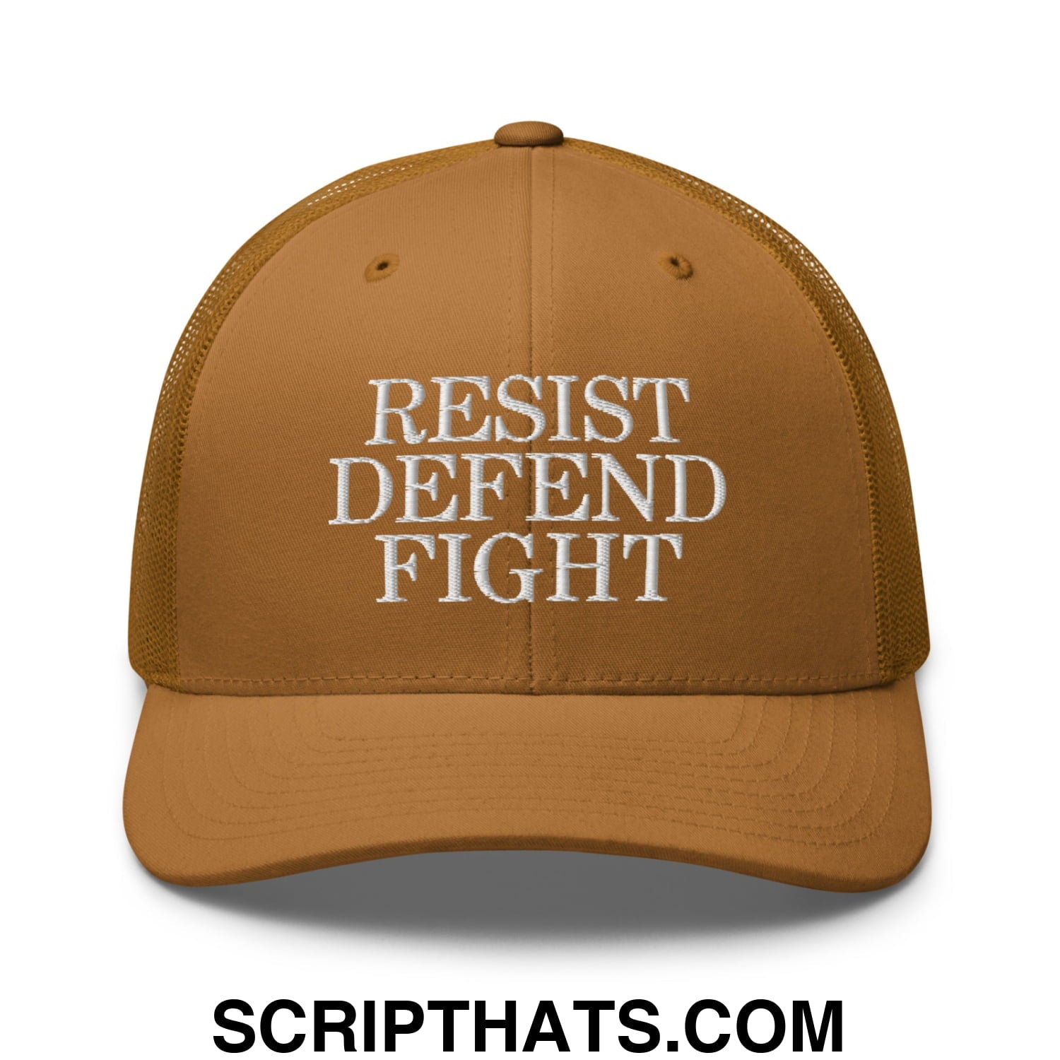 Resist Defend Fight Embroidered Mesh Trucker Hat Caramel