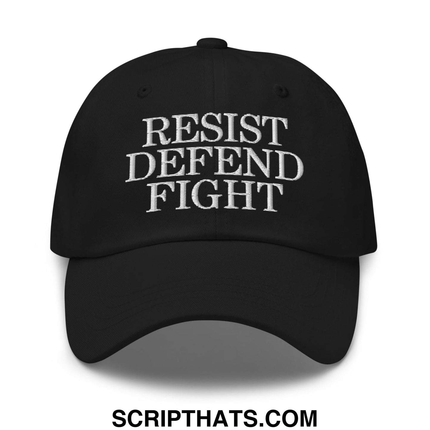 Black unstructured dad hat with white embroidered resist defend fight text on front for casual wear