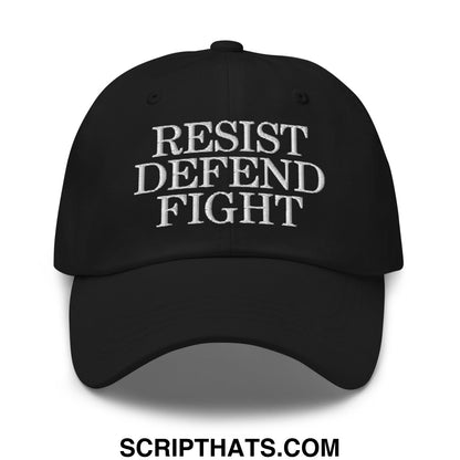 Black unstructured dad hat with white embroidered resist defend fight text on front for casual wear