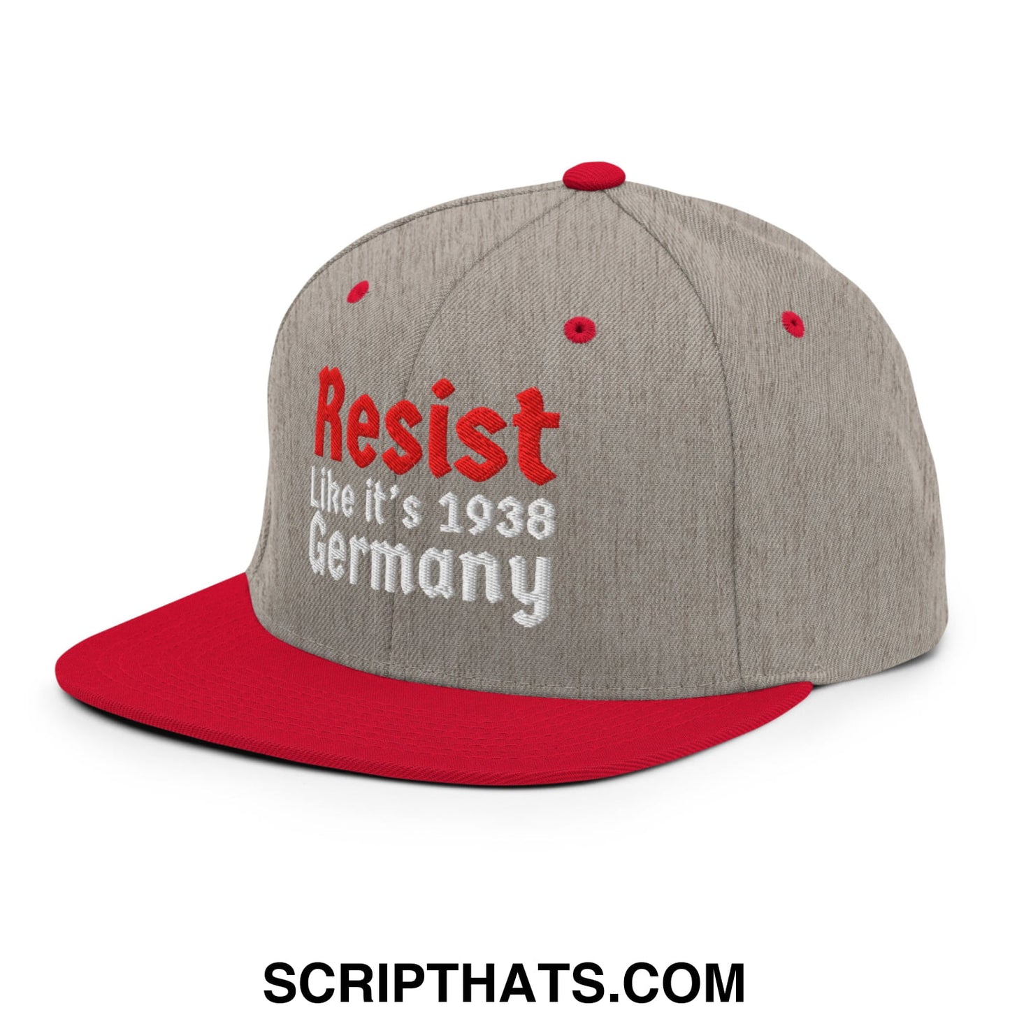 Resist Like It's 1938 Germany Embroidered Flat Bill Brim Snapback Hat Heather Grey Red