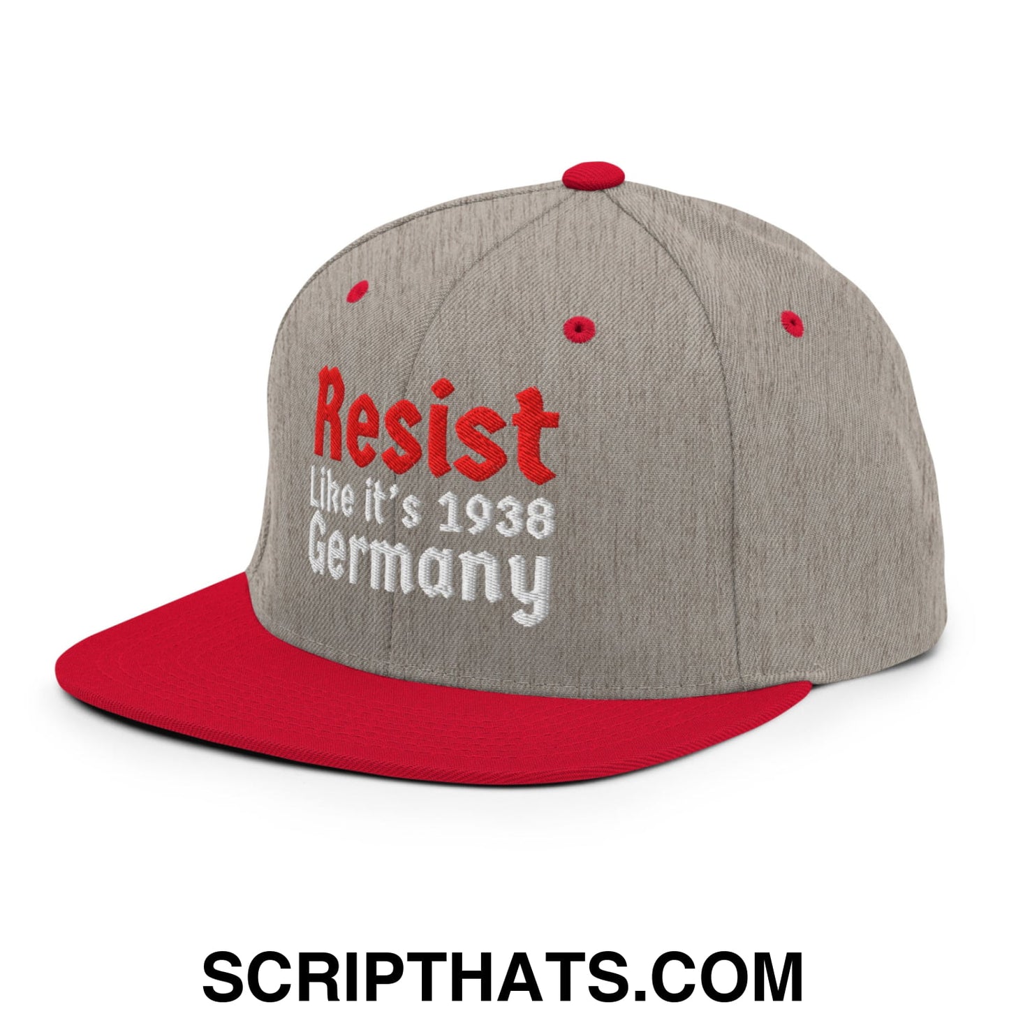 Resist Like It's 1938 Germany Embroidered Flat Bill Brim Snapback Hat Heather Grey Red