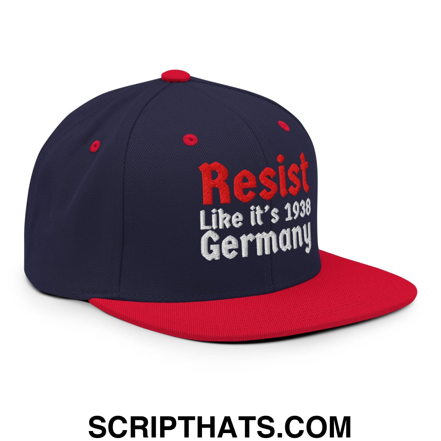 Resist Like It's 1938 Germany Embroidered Flat Bill Brim Snapback Hat Navy Red