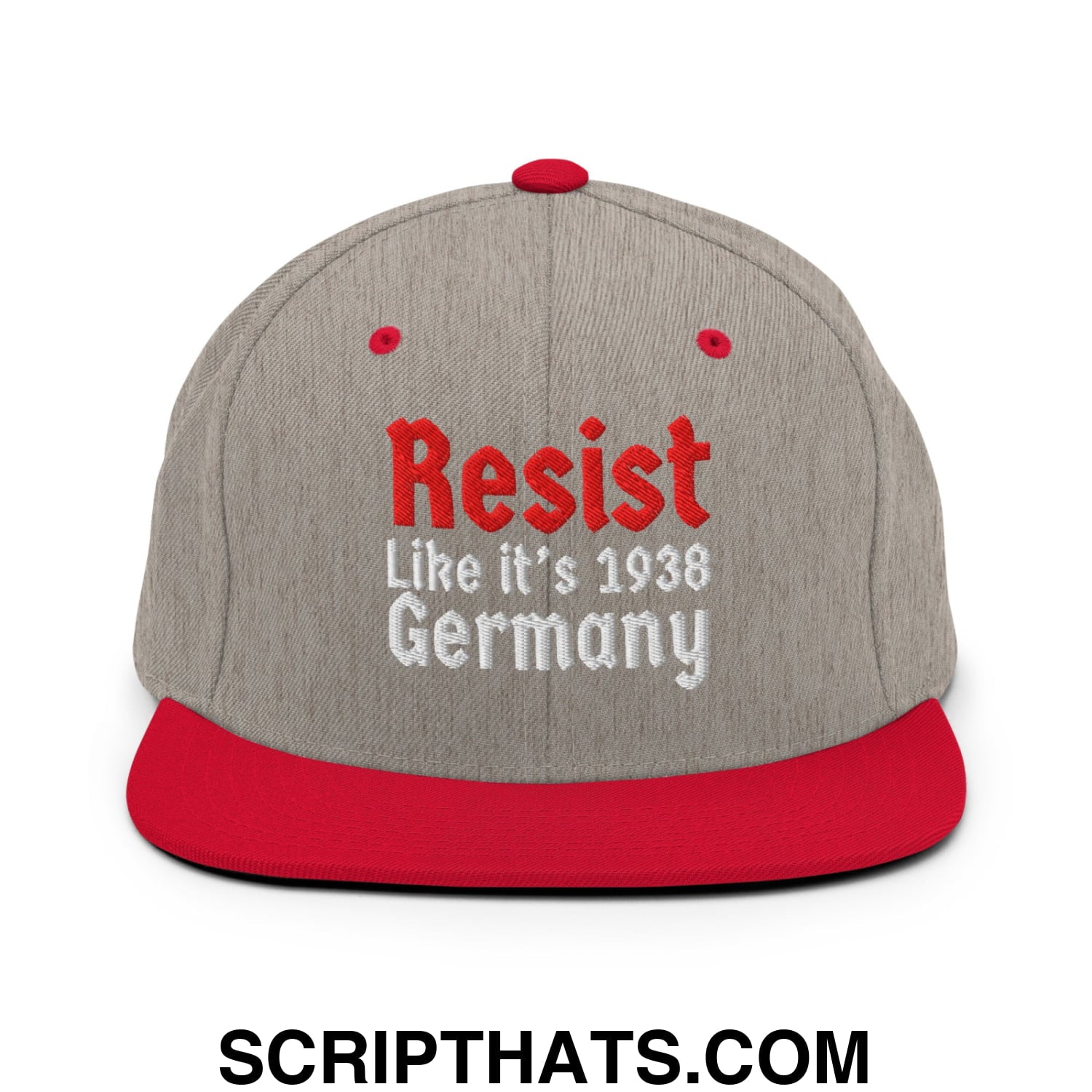 Resist Like It's 1938 Germany Embroidered Flat Bill Brim Snapback Hat Heather Grey Red