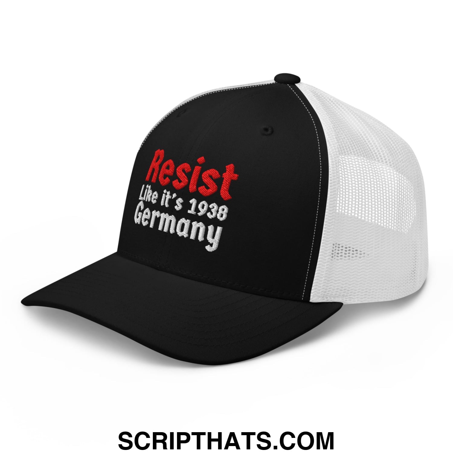 Resist Like It's 1938 Germany Embroidered Mesh Trucker Hat Black White