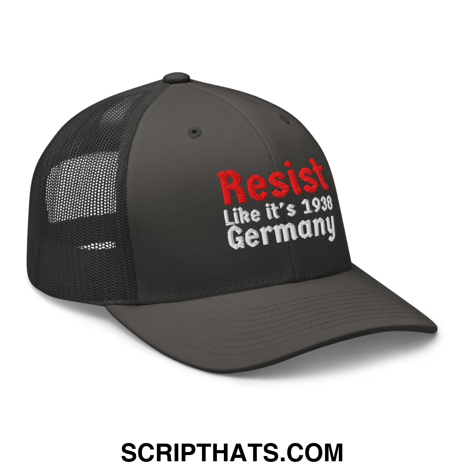Resist Like It's 1938 Germany Embroidered Mesh Trucker Hat Charcoal