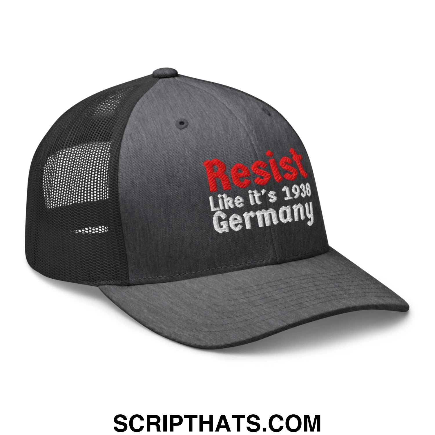 Resist Like It's 1938 Germany Embroidered Mesh Trucker Hat Dark Heather Gray