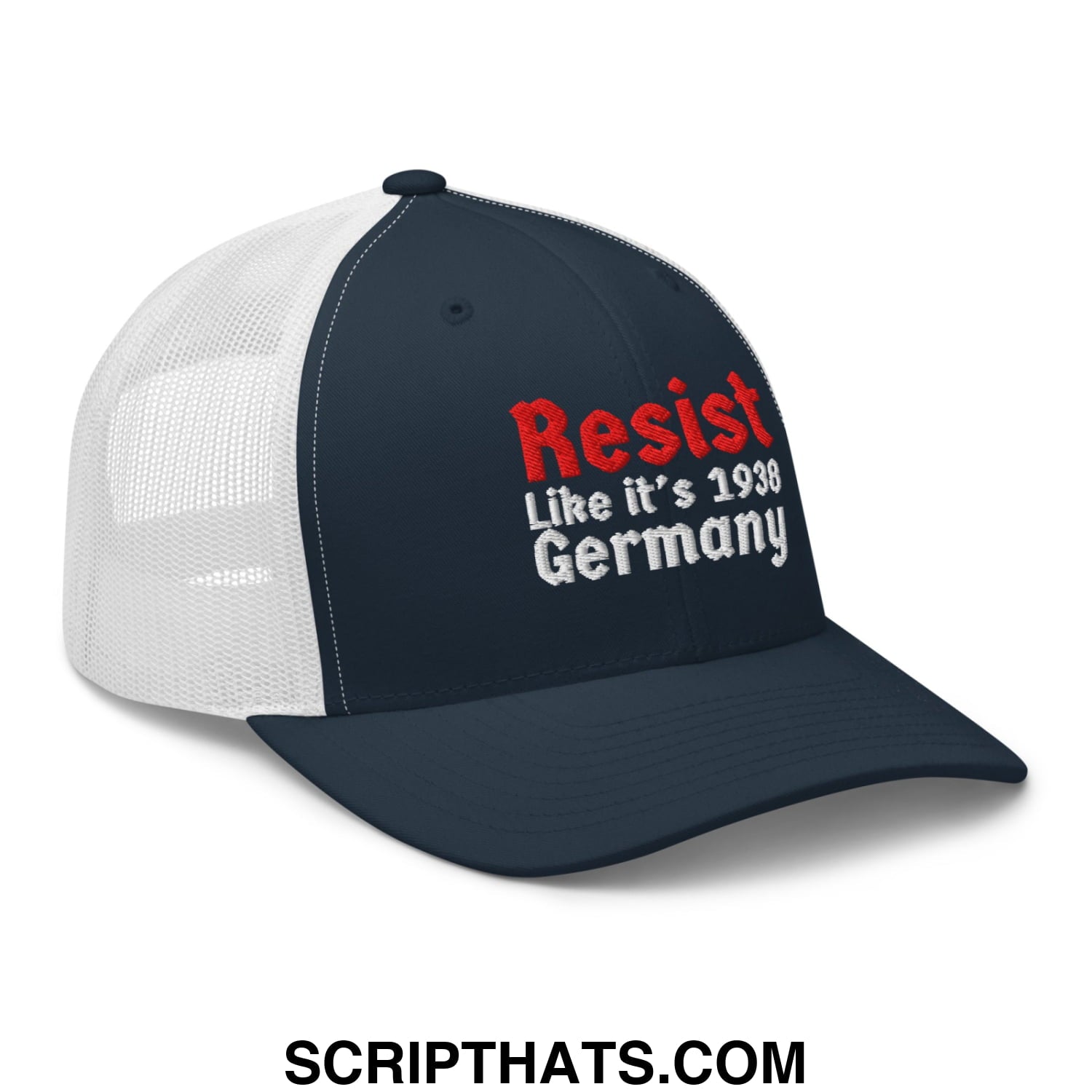 Resist Like It's 1938 Germany Embroidered Mesh Trucker Hat Navy White