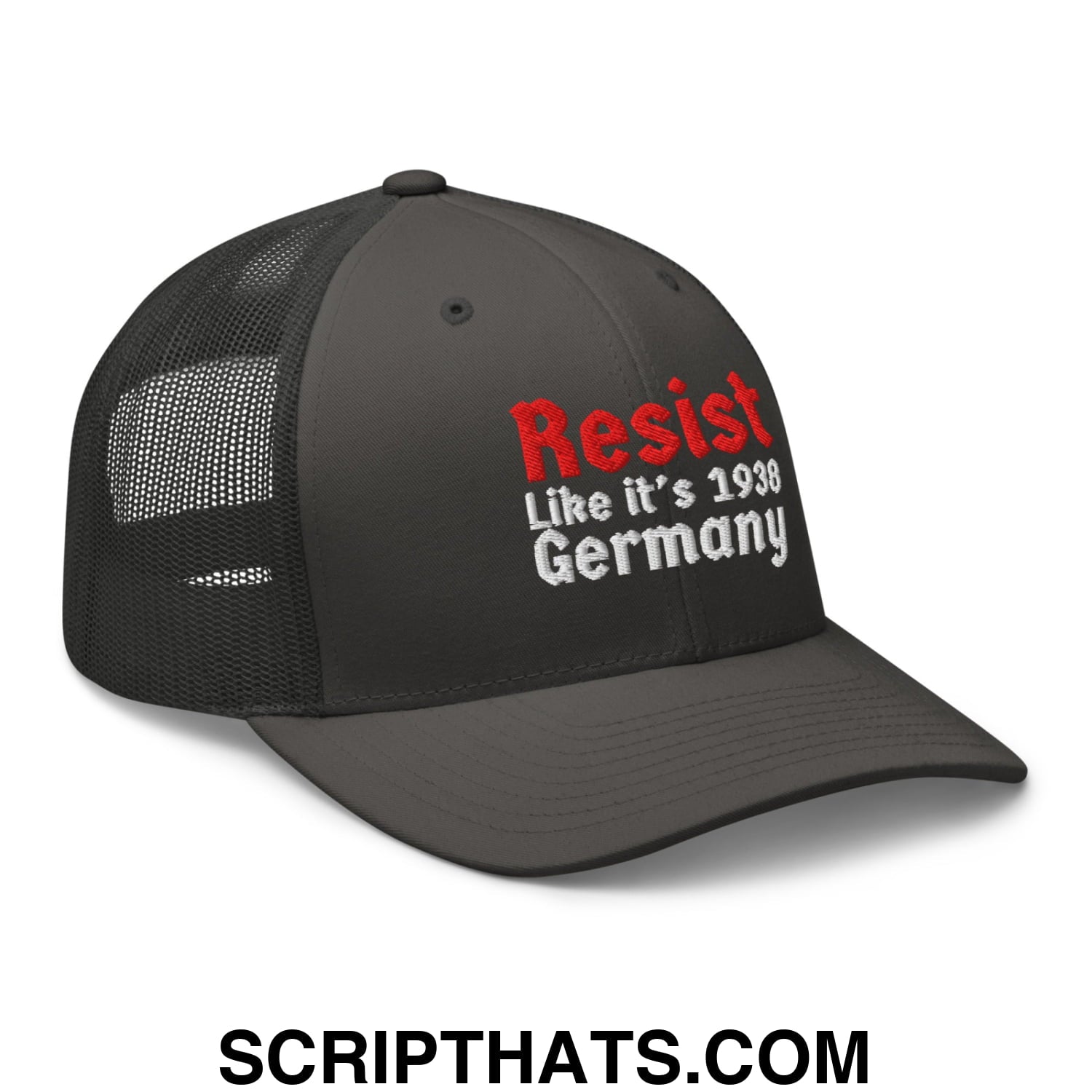 Resist Like It's 1938 Germany Embroidered Mesh Trucker Hat Charcoal