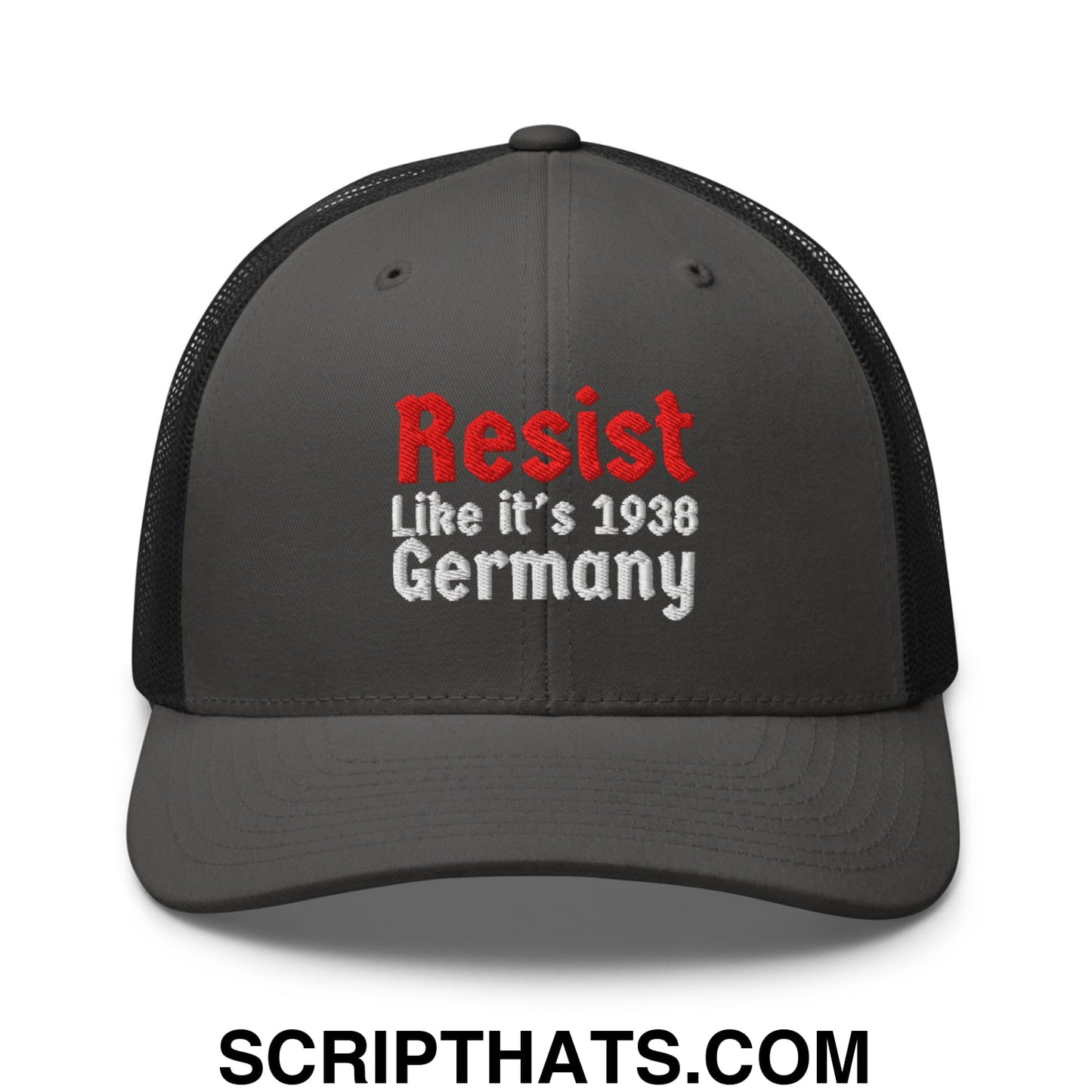 Resist Like It's 1938 Germany Embroidered Mesh Trucker Hat Charcoal Black