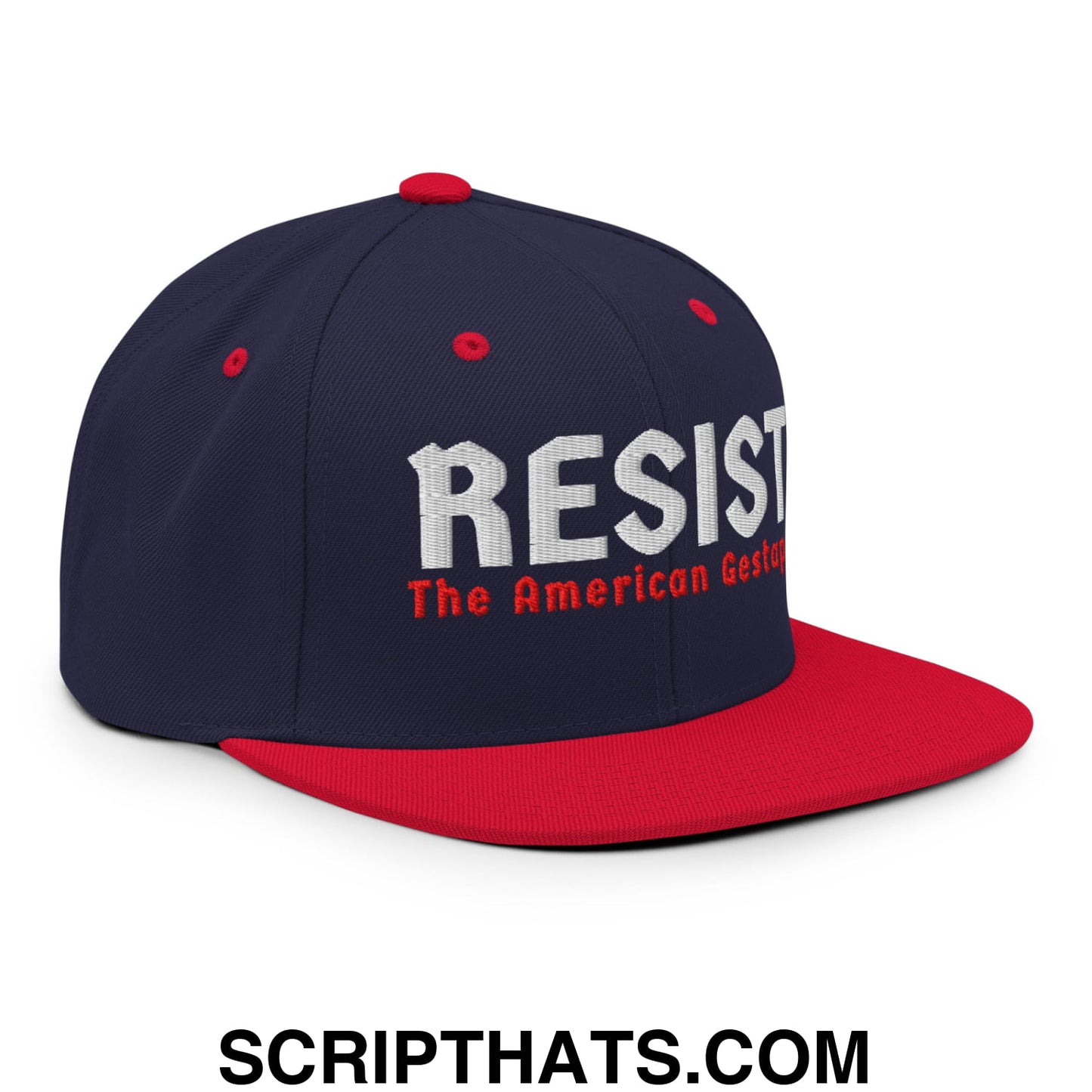 Resist The American Gestapo Embroidered Flat Bill Brim Snapback Hat Navy Red