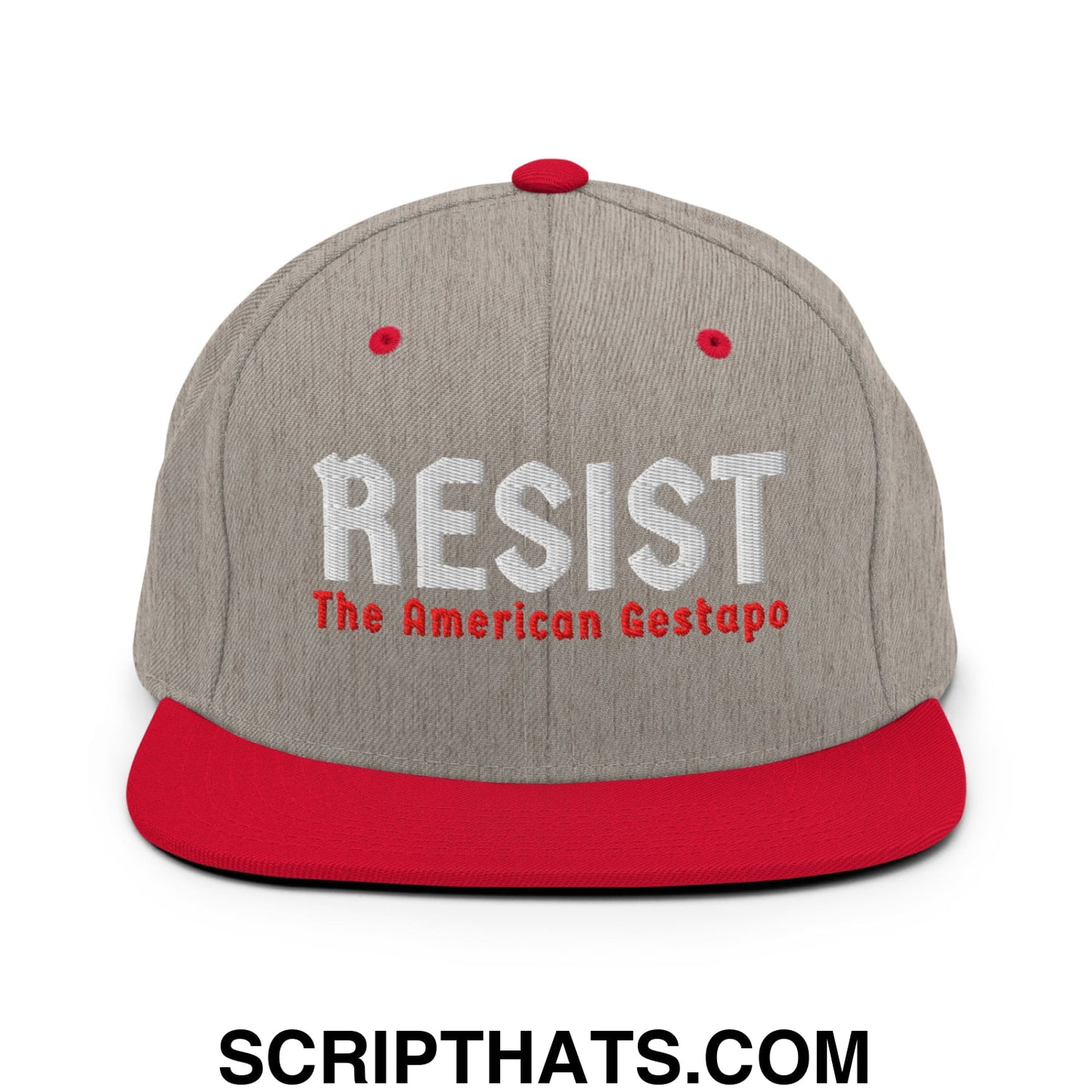 Resist The American Gestapo Embroidered Flat Bill Brim Snapback Hat Heather Grey Red