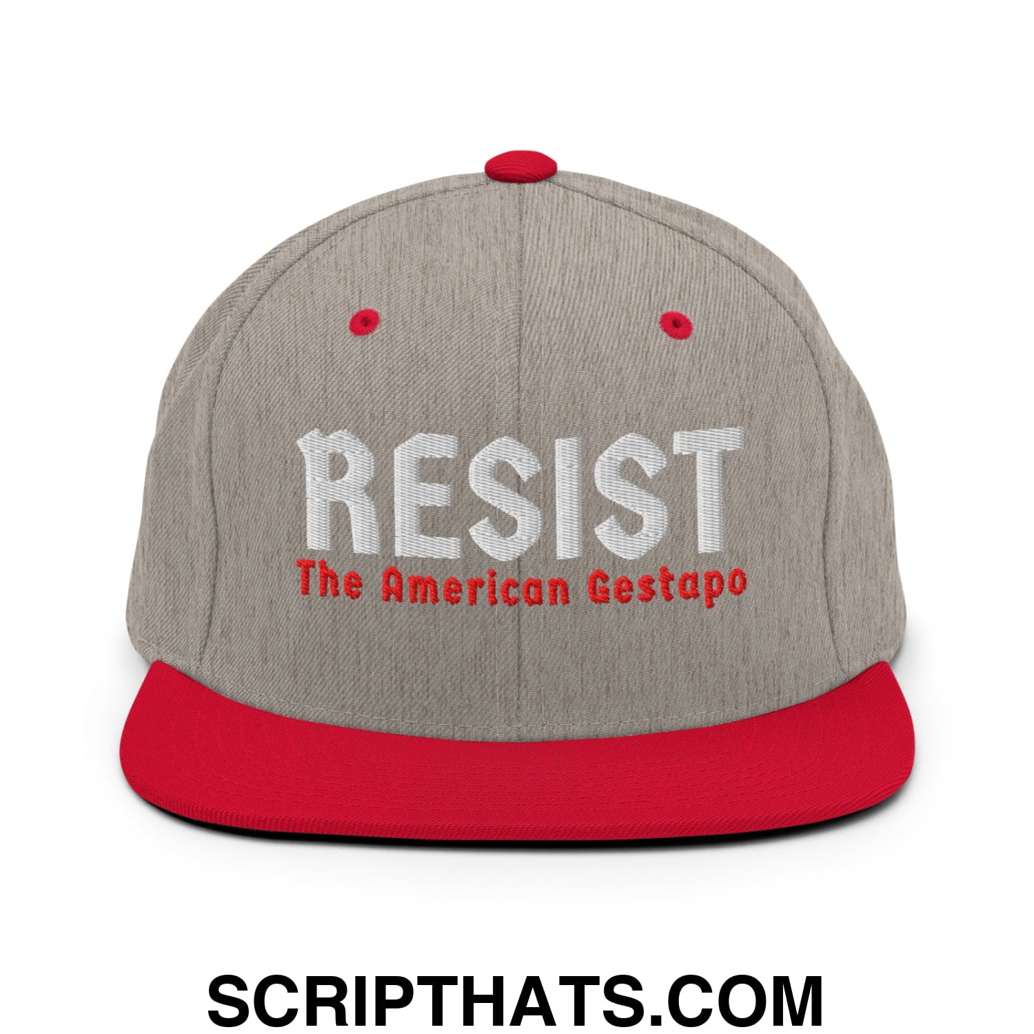Resist The American Gestapo Embroidered Flat Bill Brim Snapback Hat Heather Grey Red