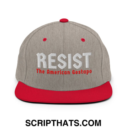 Resist The American Gestapo Embroidered Flat Bill Brim Snapback Hat Heather Grey Red