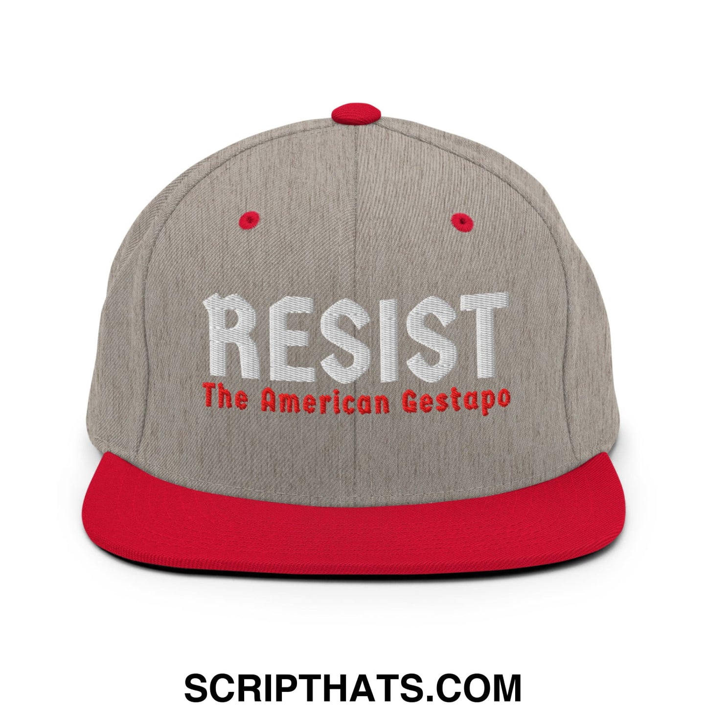 Resist The American Gestapo Embroidered Flat Bill Brim Snapback Hat Heather Grey Red