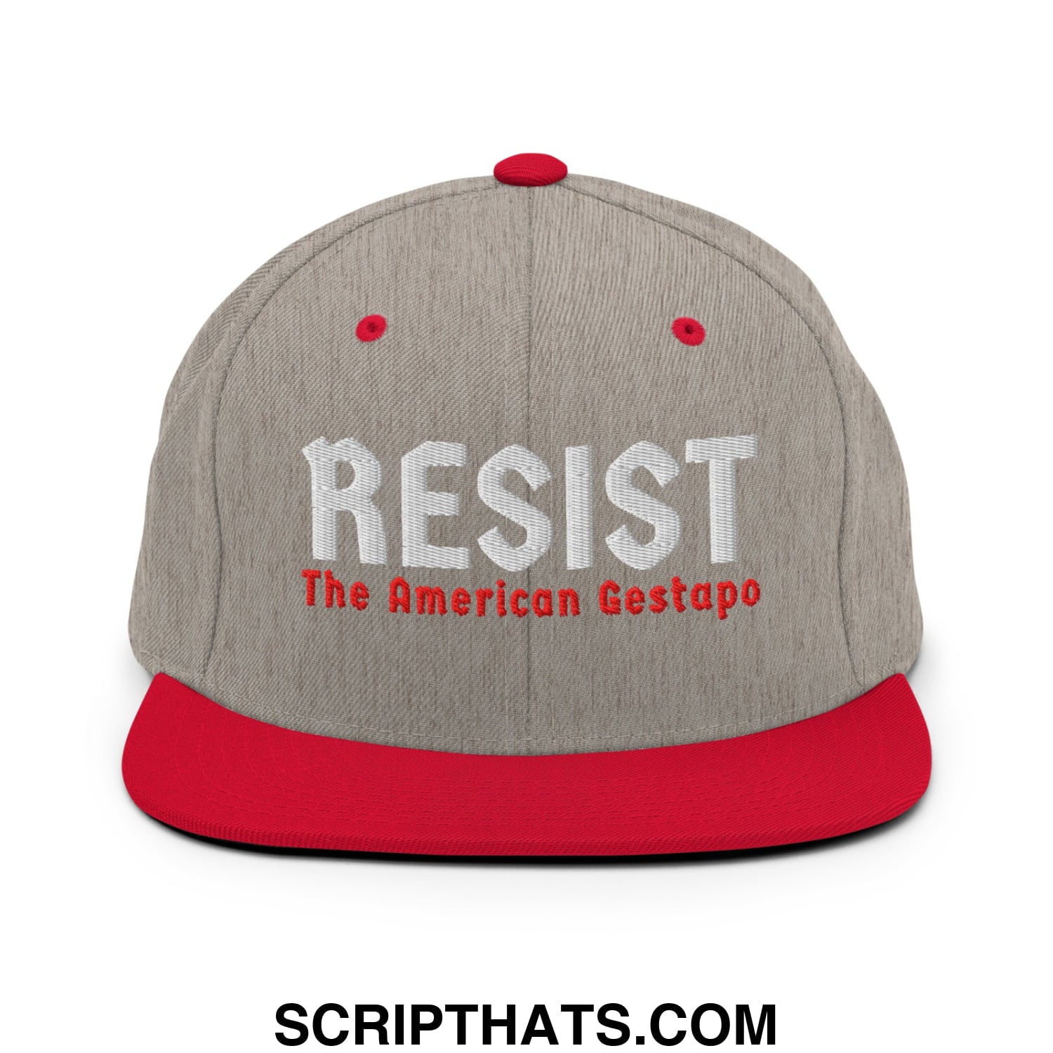 Resist The American Gestapo Embroidered Flat Bill Brim Snapback Hat Heather Grey Red