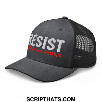 Black mesh trucker hat with resist embroidered in white and american gestapo in red for bold statement wear