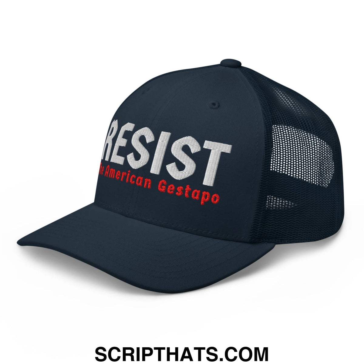 Dark navy mesh trucker hat embroidered with resist in white and the american gestapo in red on front panel