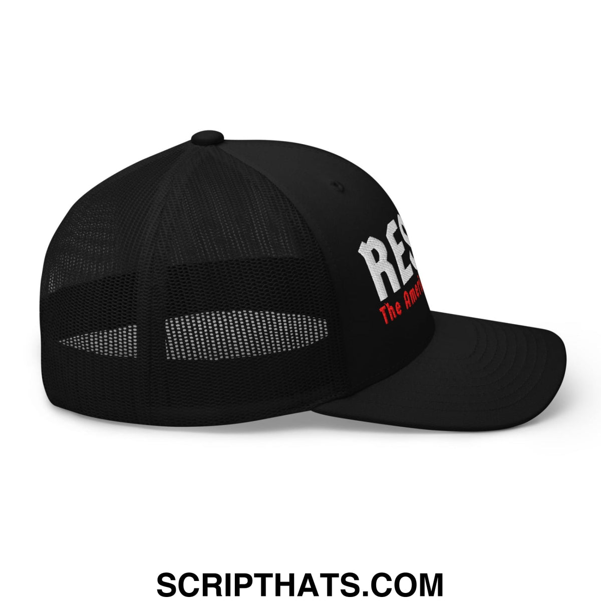 Black trucker mesh hat with embroidered res in white and the america in red and curved brim for casual wear