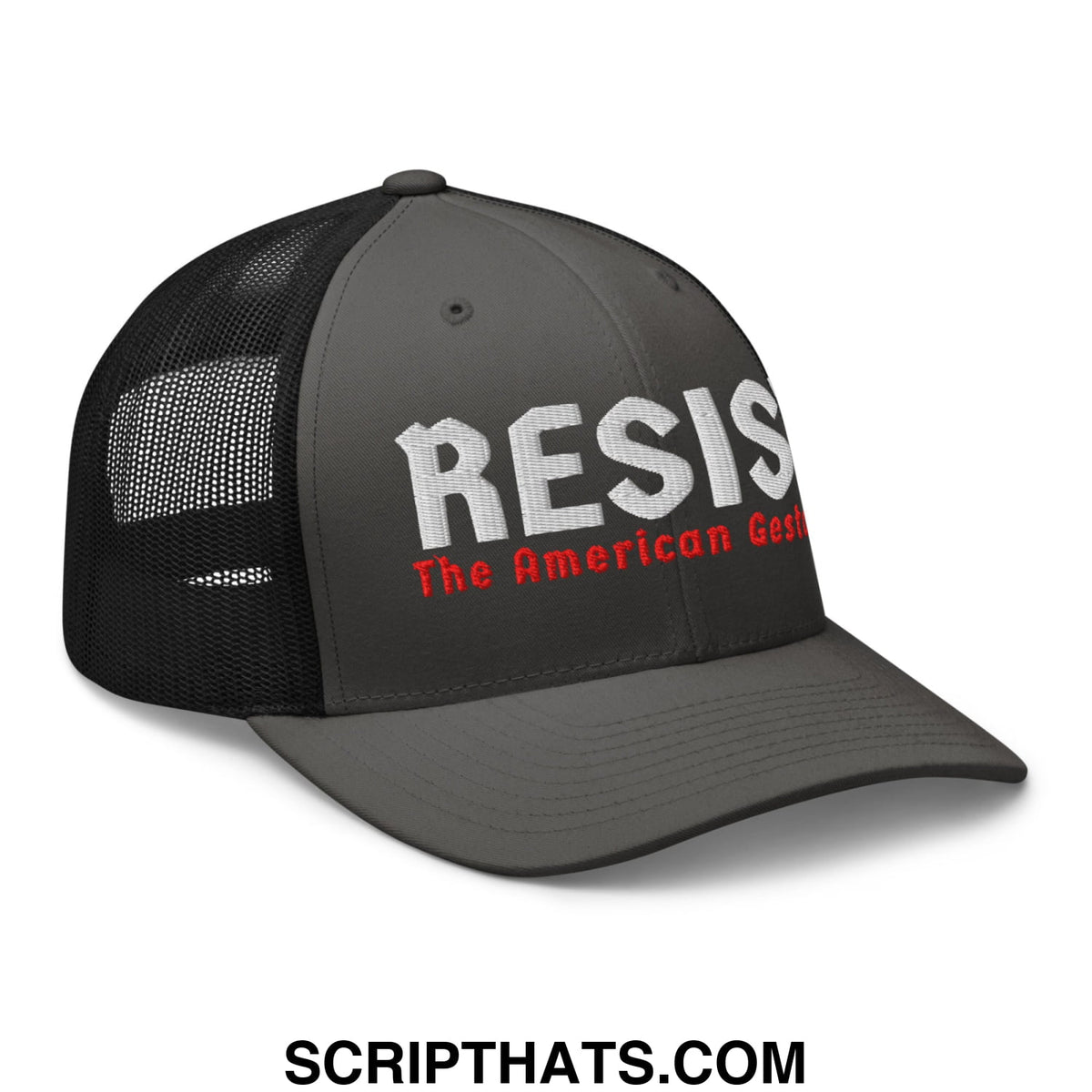 Dark gray trucker hat with black mesh back featuring embroidered white and red resist the american gosh text