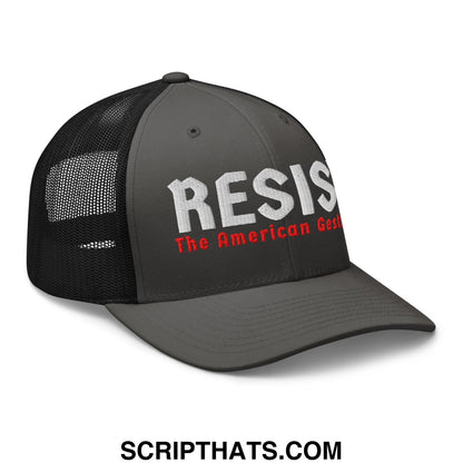 Dark gray trucker hat with black mesh back featuring embroidered white and red resist the american gosh text