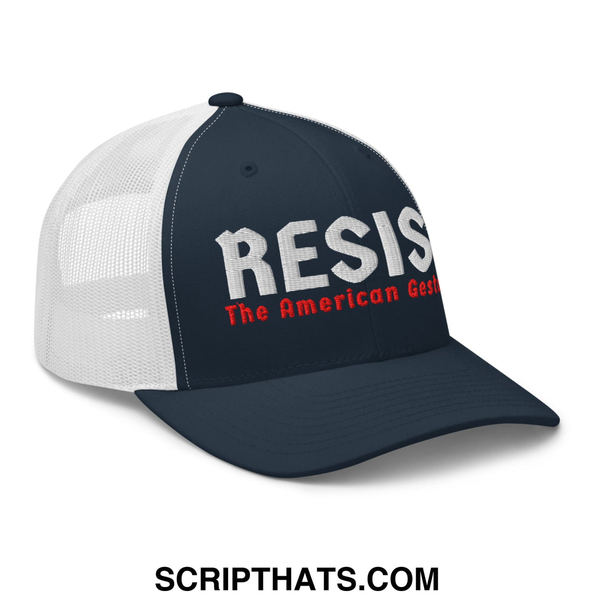 Navy blue and white mesh trucker hat embroidered with resist in bold white and red the american gestapo text