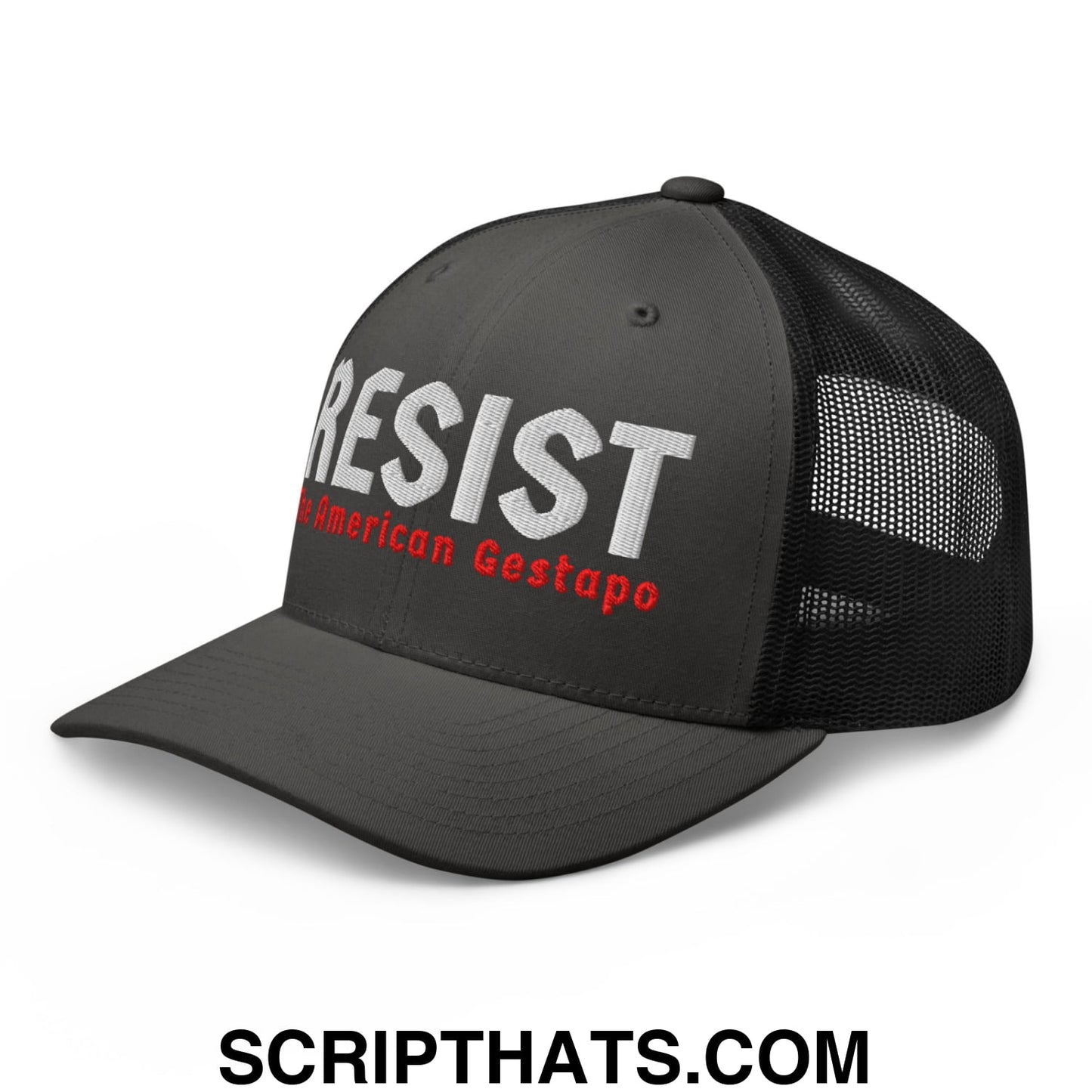 Resist The American Gestapo Embroidered Mesh Trucker Hat Charcoal Black