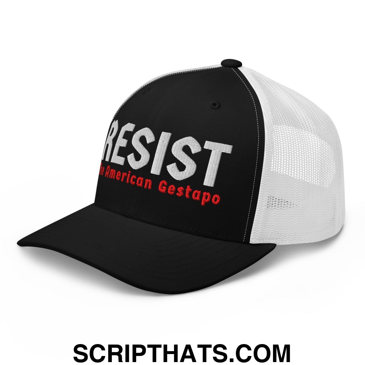 Resist The American Gestapo Embroidered Mesh Trucker Hat Black White