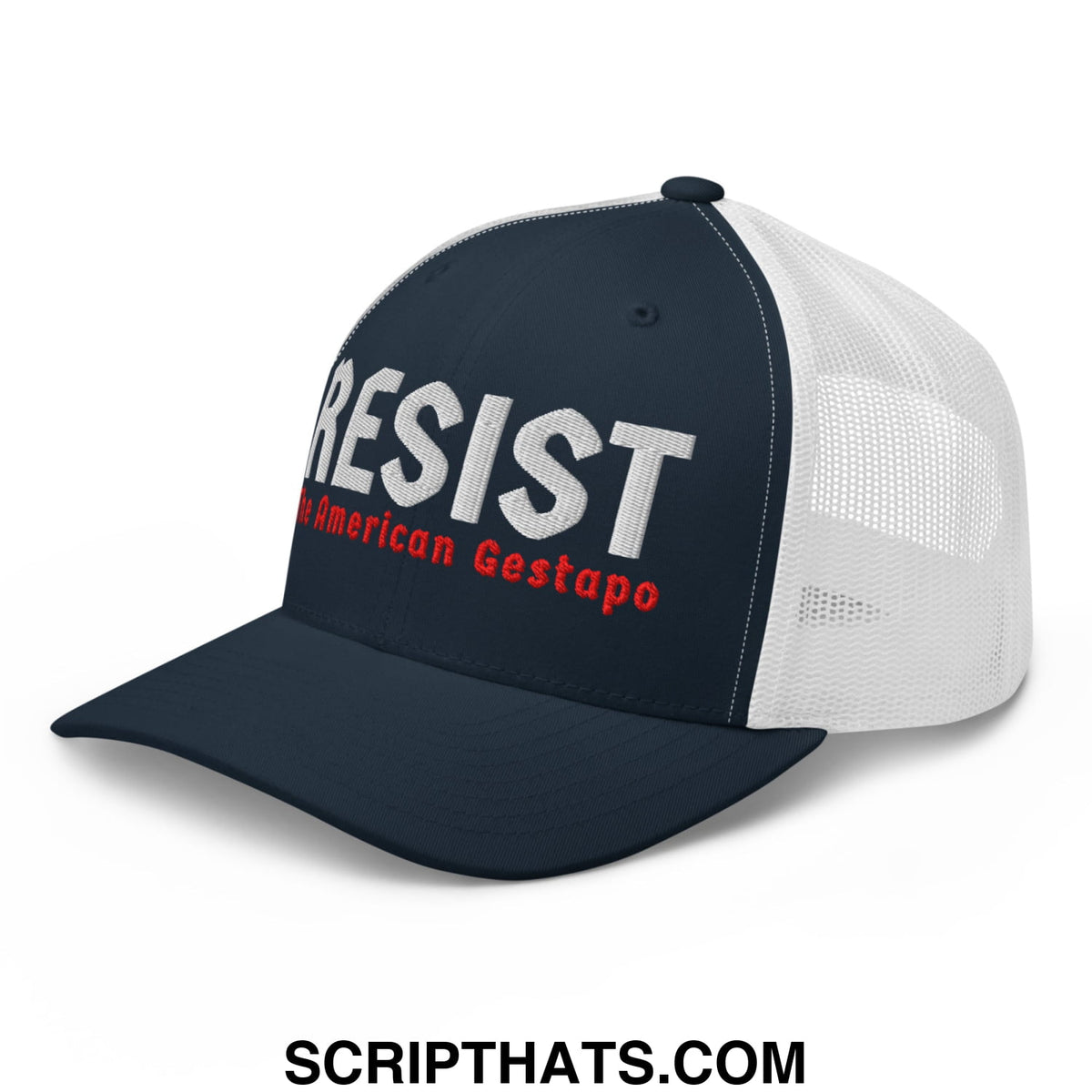 Navy blue and white mesh trucker hat with embroidered resist in bold white and red the american gestapo text