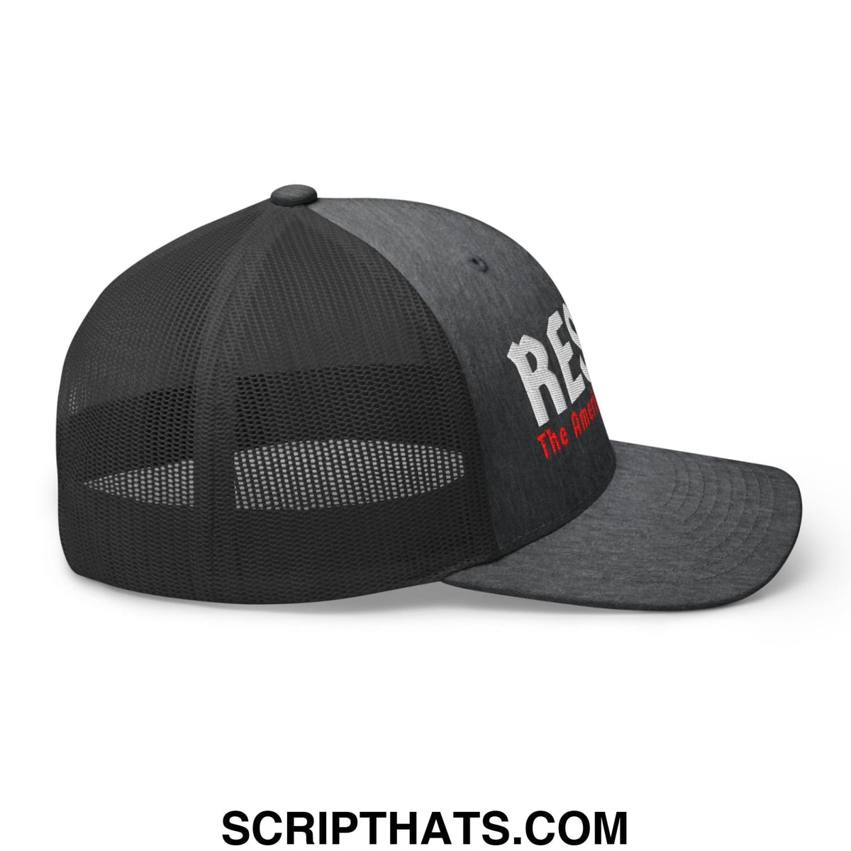 Black trucker mesh cap with white embroidered res and red the american text resist the american gestapo design