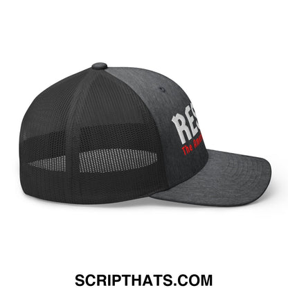 Black trucker mesh cap with white embroidered res and red the american text resist the american gestapo design
