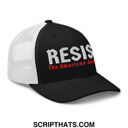 Black and white mesh trucker hat with resist embroidered in bold white and red the american gestapo text on front panel