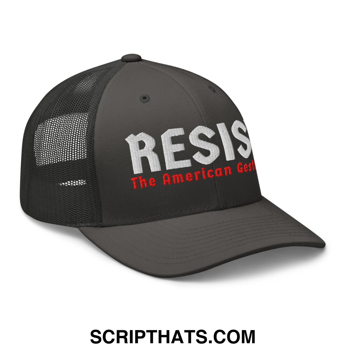 Black mesh trucker hat with red and white embroidered resist the american gesh text for casual wear