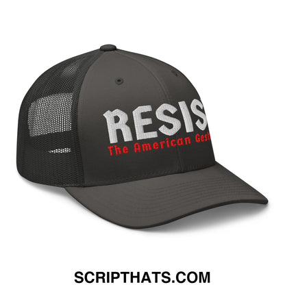 Black mesh trucker hat with red and white embroidered resist the american gesh text for casual wear