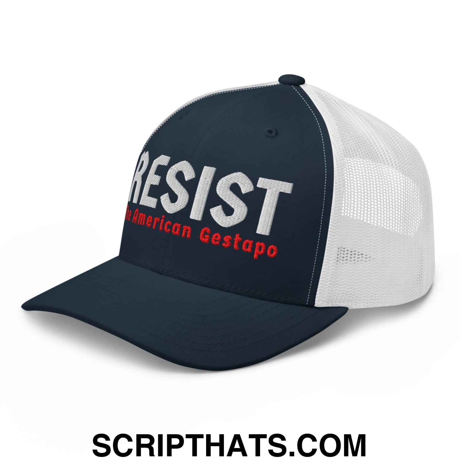 Resist The American Gestapo Embroidered Mesh Trucker Hat Navy White