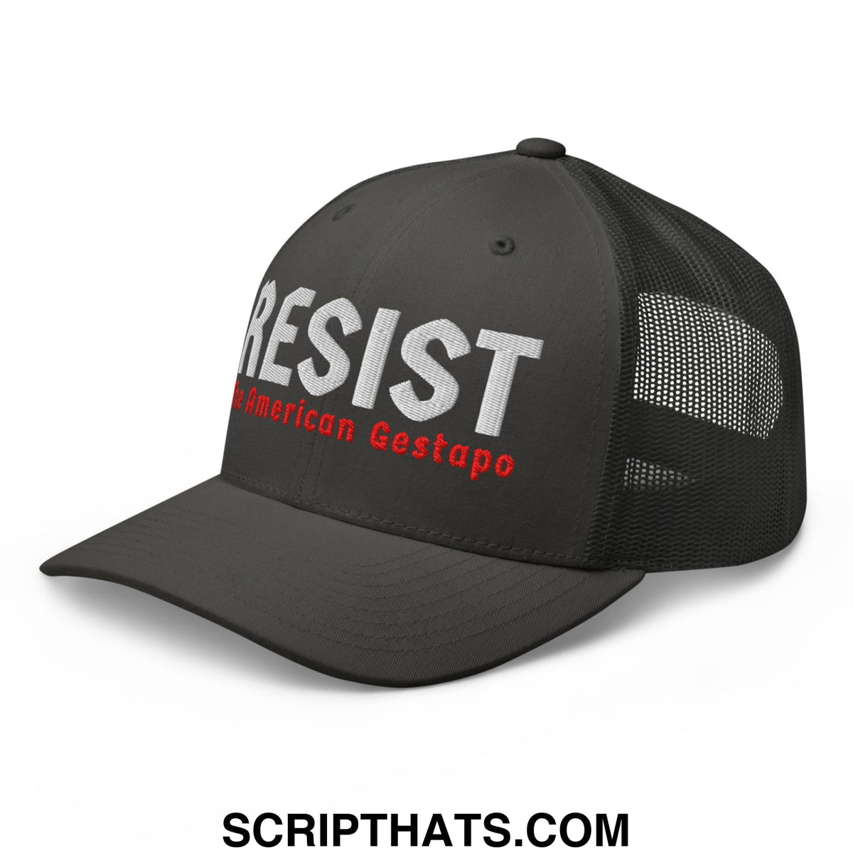 Black mesh trucker hat embroidered with resist in white and the american gestapo in red text front design