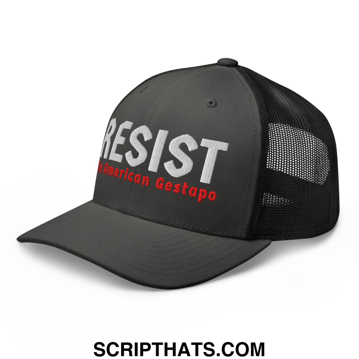 Black mesh trucker hat embroidered with resist in white and the american gestapo in red titled resist the american gestapo
