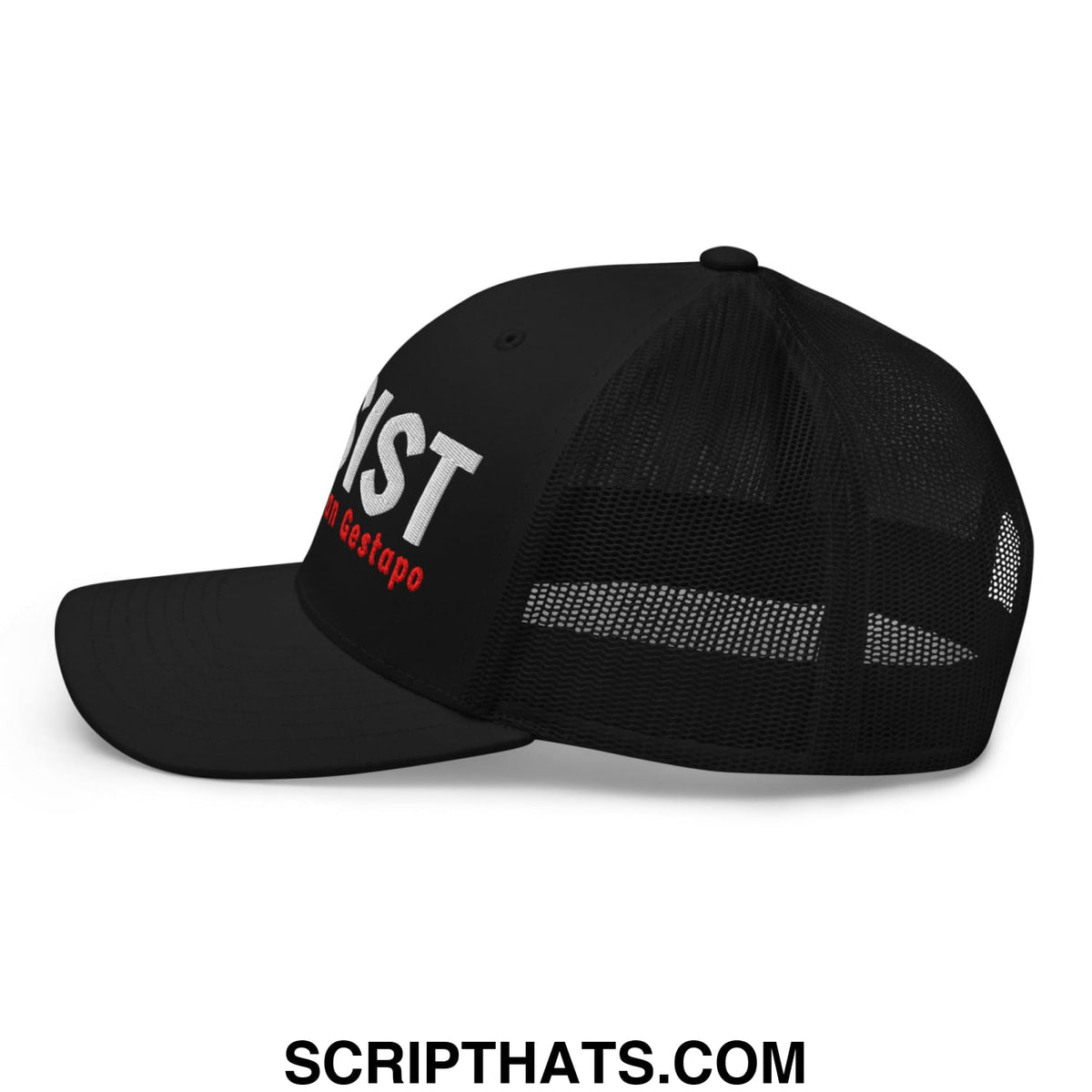 Black mesh trucker hat with red and white resist the american gestapo embroidered text on front