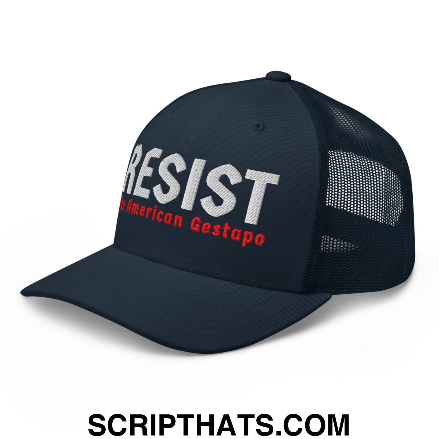 Resist The American Gestapo Embroidered Mesh Trucker Hat Navy